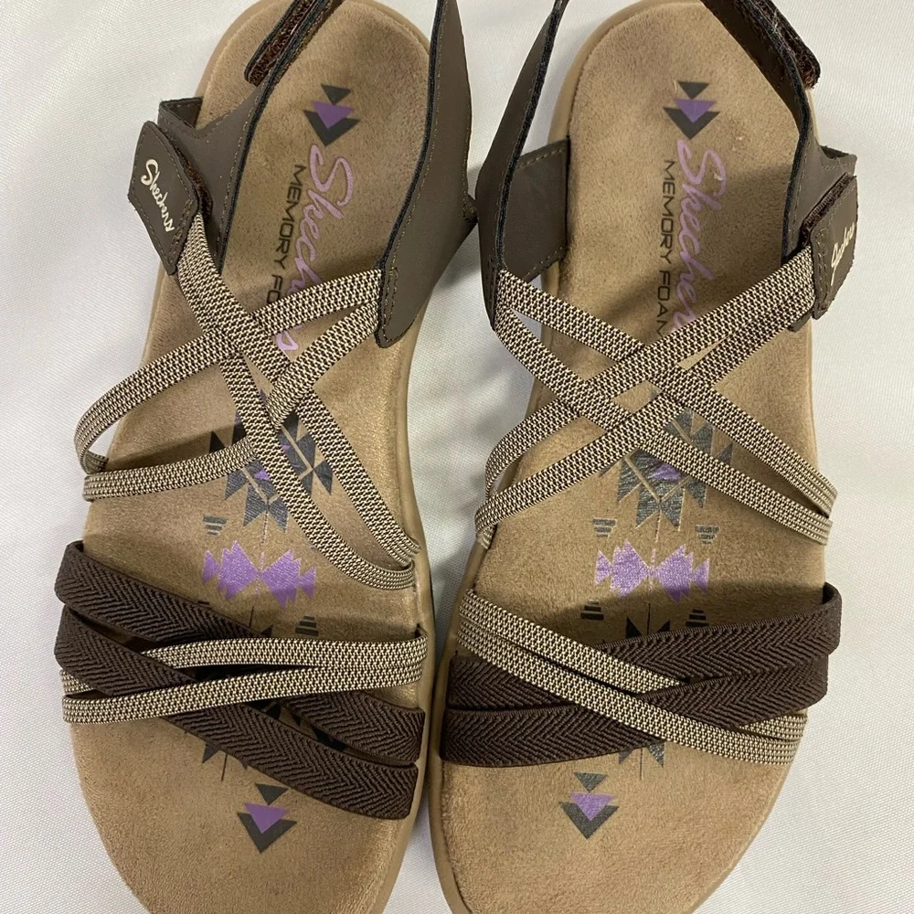 Skechers Women's Reggae Slim Summer Getaway Brown Tan Strappy Sandals Size 6 - Picture 2 of 9